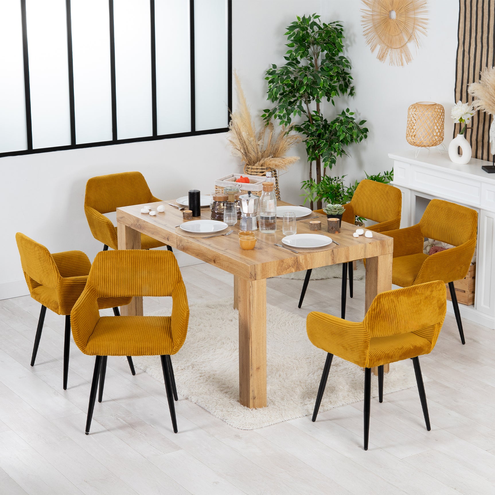 Set of 6 Scandinavian dining room armchairs with Safran yellow velvet armrests - Cromwell Corduroy