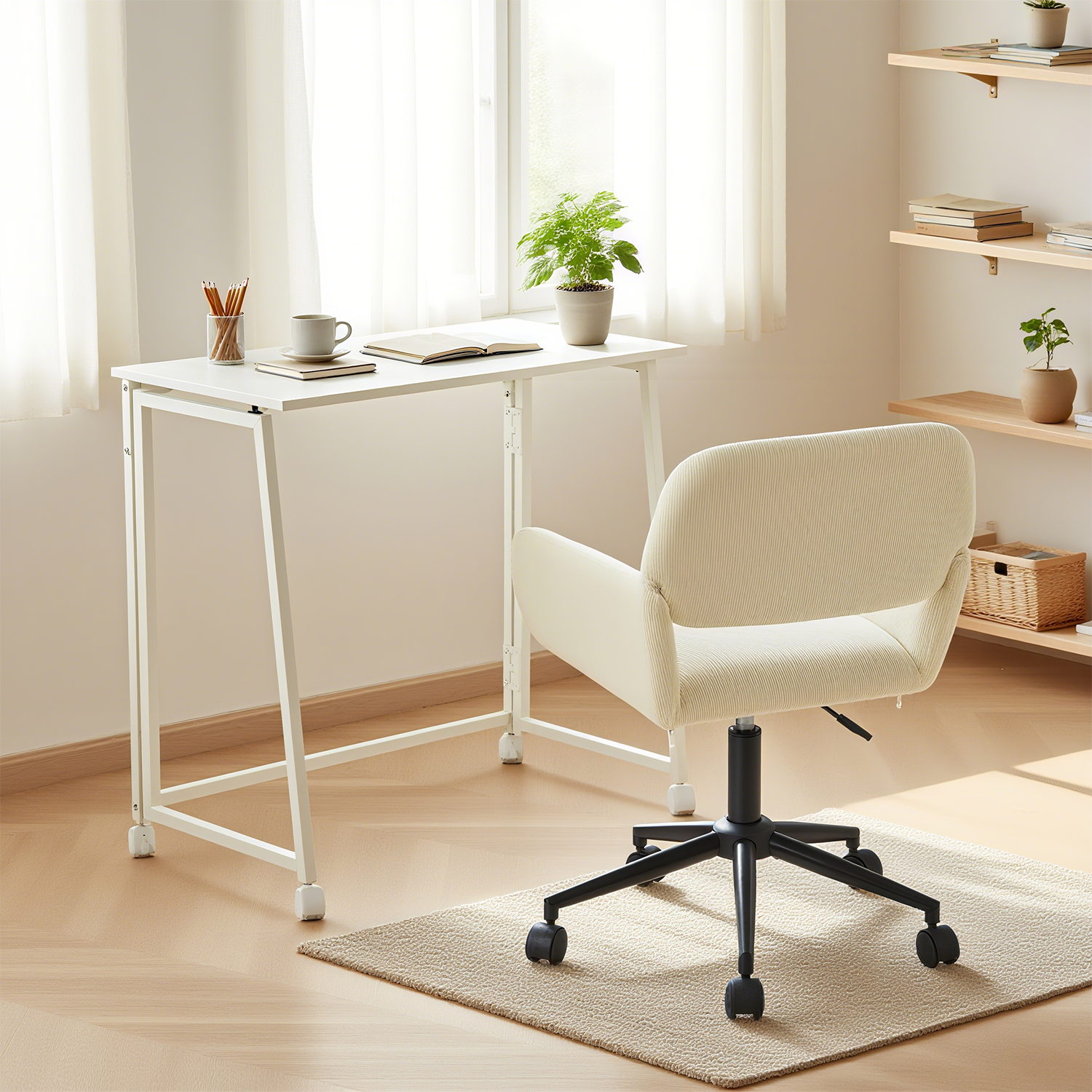 Ensemble avec bureau pliable blanc à roulettes et fauteuil en velours côtelé beige âââââââ€?ASCOLI & ROSS