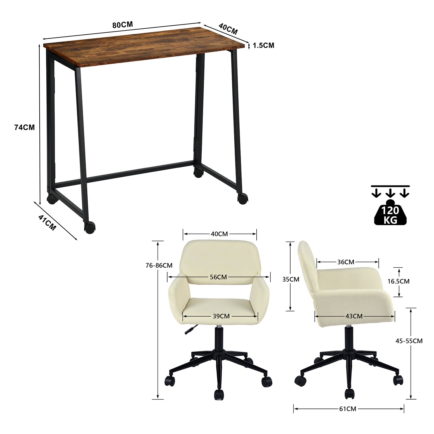 Ensemble avec bureau pliable industriel à roulettes et fauteuil en velours côtelé beige âââââââ€?ASCOLI & ROSS