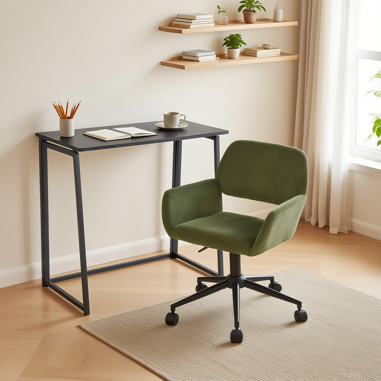 Ensemble bureau pliable en métal noir et fauteuil de bureau en velours côtelé vert olive âââââââ€?ASCOLI & ROSS