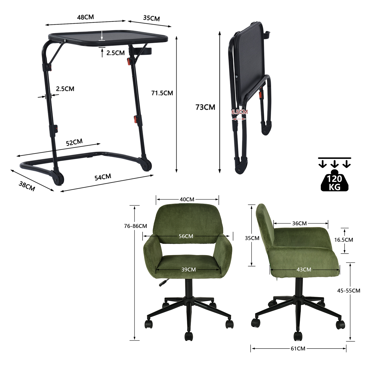 Ensemble avec table d’appoint noire pliable et fauteuil de bureau en velours côtelé vert olive âââââââ€?BASELINE & ROSS