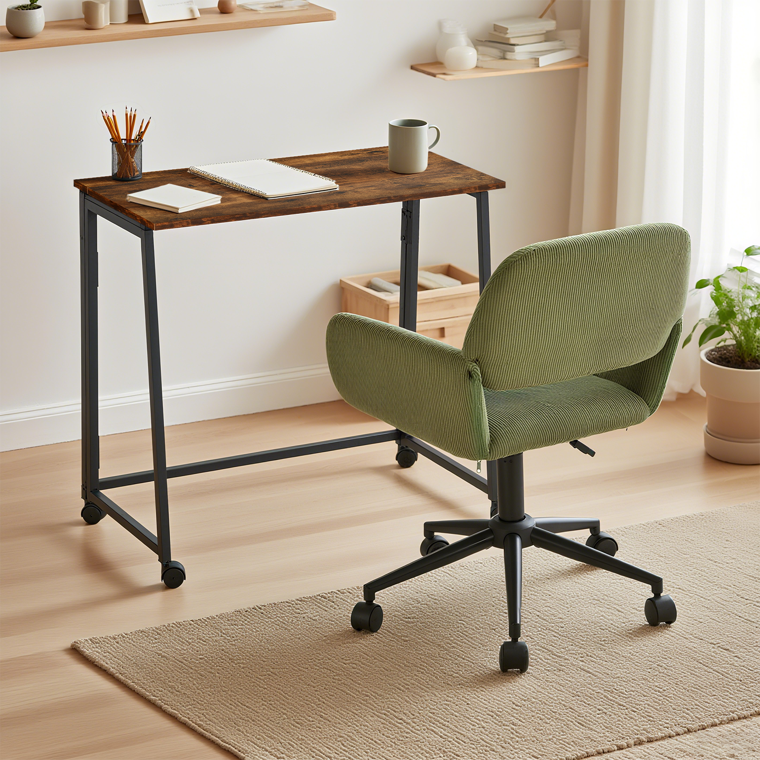 Ensemble avec bureau pliable industriel à roulettes et fauteuil en velours côtelé vert olive âââââââ€?ASCOLI & ROSS