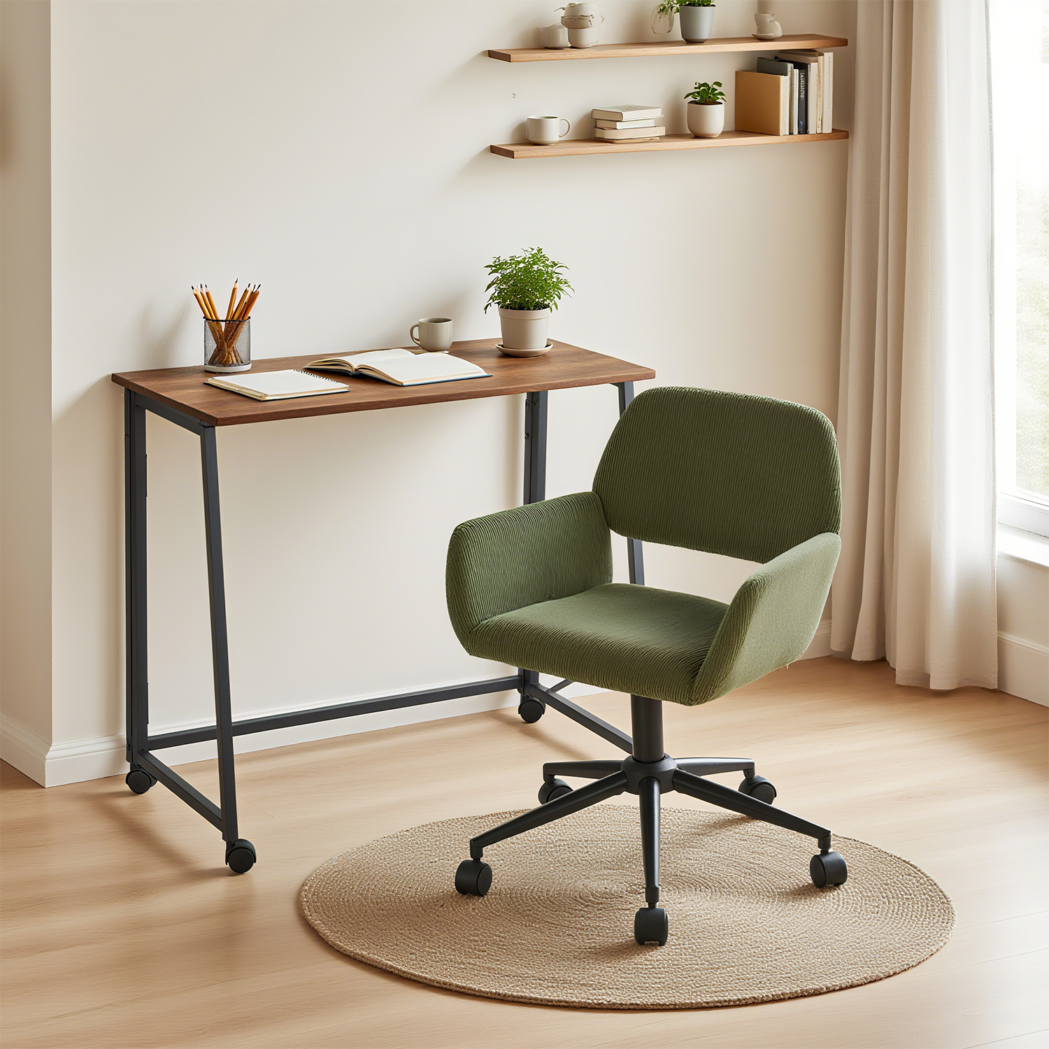Ensemble avec bureau pliable industriel à roulettes et fauteuil en velours côtelé vert olive âââââââ€?ASCOLI & ROSS