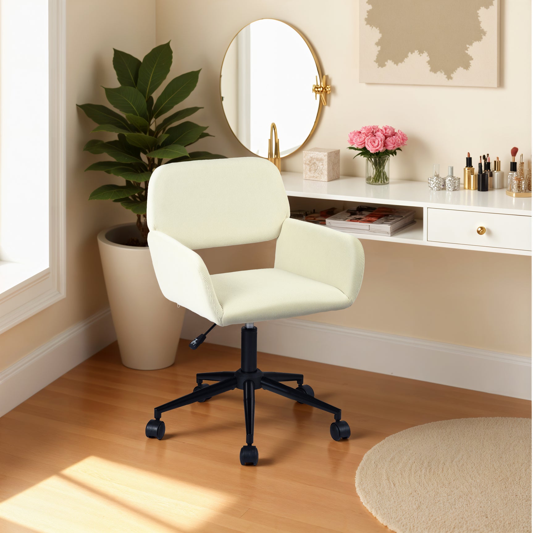 Fauteuil de bureau en velours côtelé beige, réglable en hauteur, rotation à 360° - ROSS