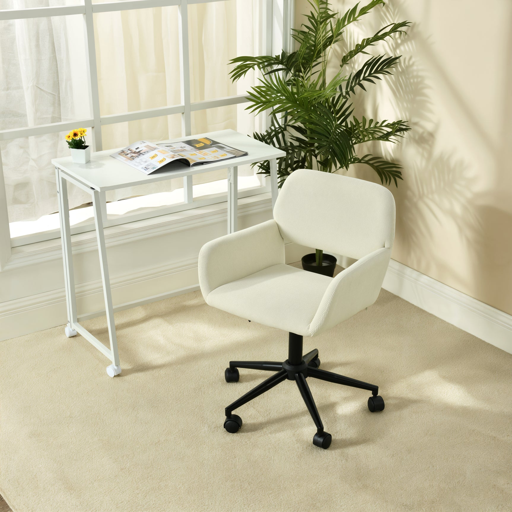 Fauteuil de bureau en velours côtelé beige, réglable en hauteur, rotation à 360° - ROSS