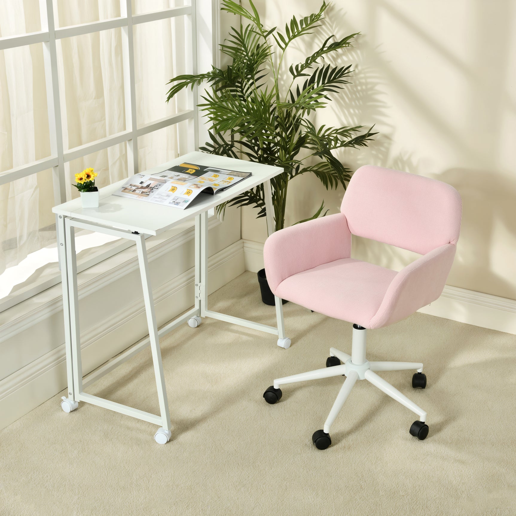 Fauteuil de bureau en velours côtelé rose, réglable en hauteur, rotation à 360° - ROSS