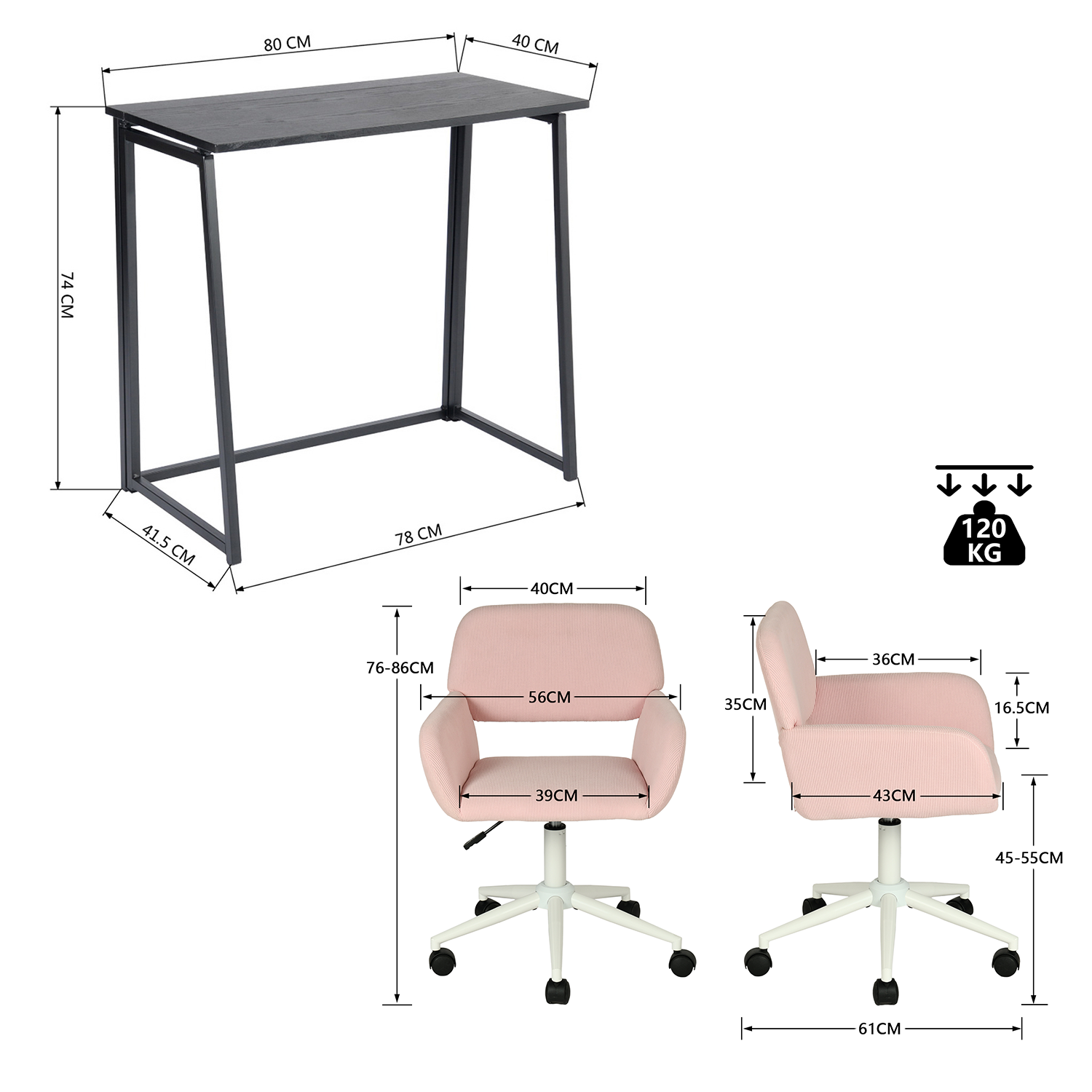 Ensemble bureau pliable en métal noir et fauteuil de bureau en velours côtelé rose âââââââ€?ASCOLI & ROSS