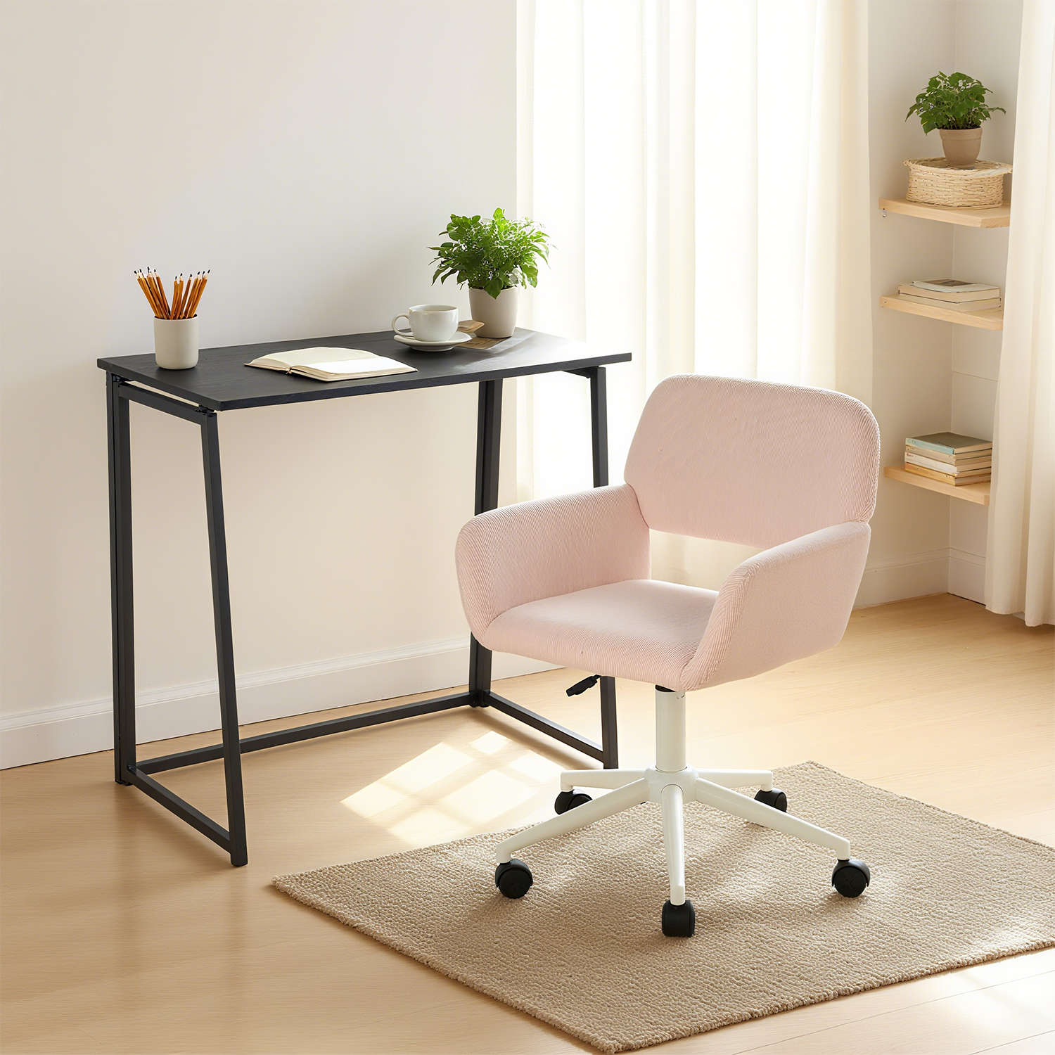 Ensemble bureau pliable en métal noir et fauteuil de bureau en velours côtelé rose âââââââ€?ASCOLI & ROSS