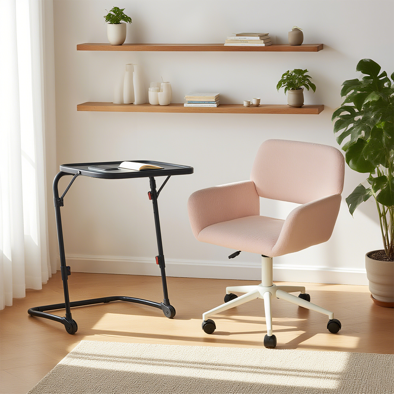 Together with foldable black extra table and pink velvet office chair - Baseline & Ross