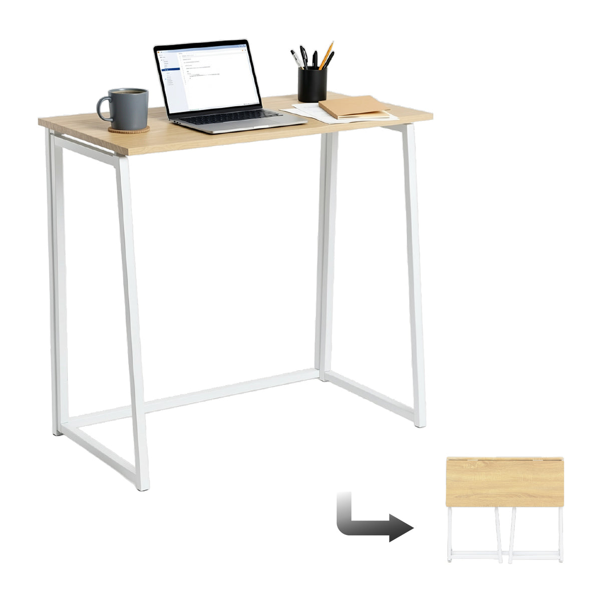 Folding Industrial Computer Office in Oak Wood and White Metal - Ascoli