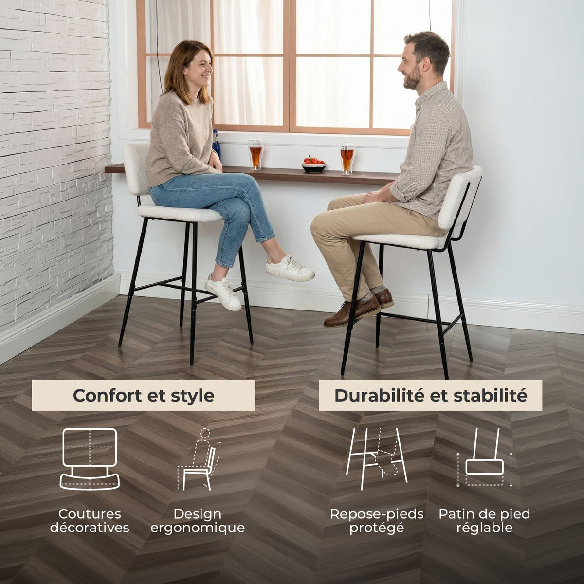 Lot de 4 tabourets de bar scandinaves avec dossier en tissu mouton bouclette beige - POMONA BAR