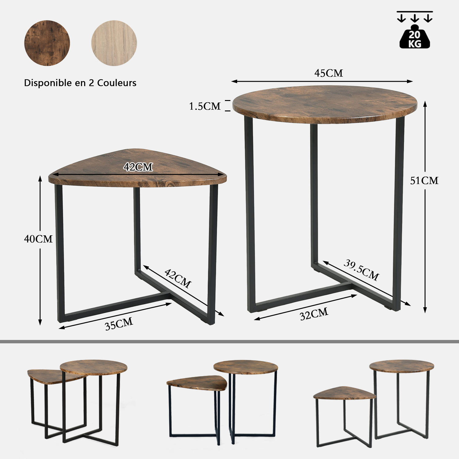 Lot de 2 tables basses gigognes style vintage et industriel en métal noir et bois imitation bois - LAYA VINTAGE