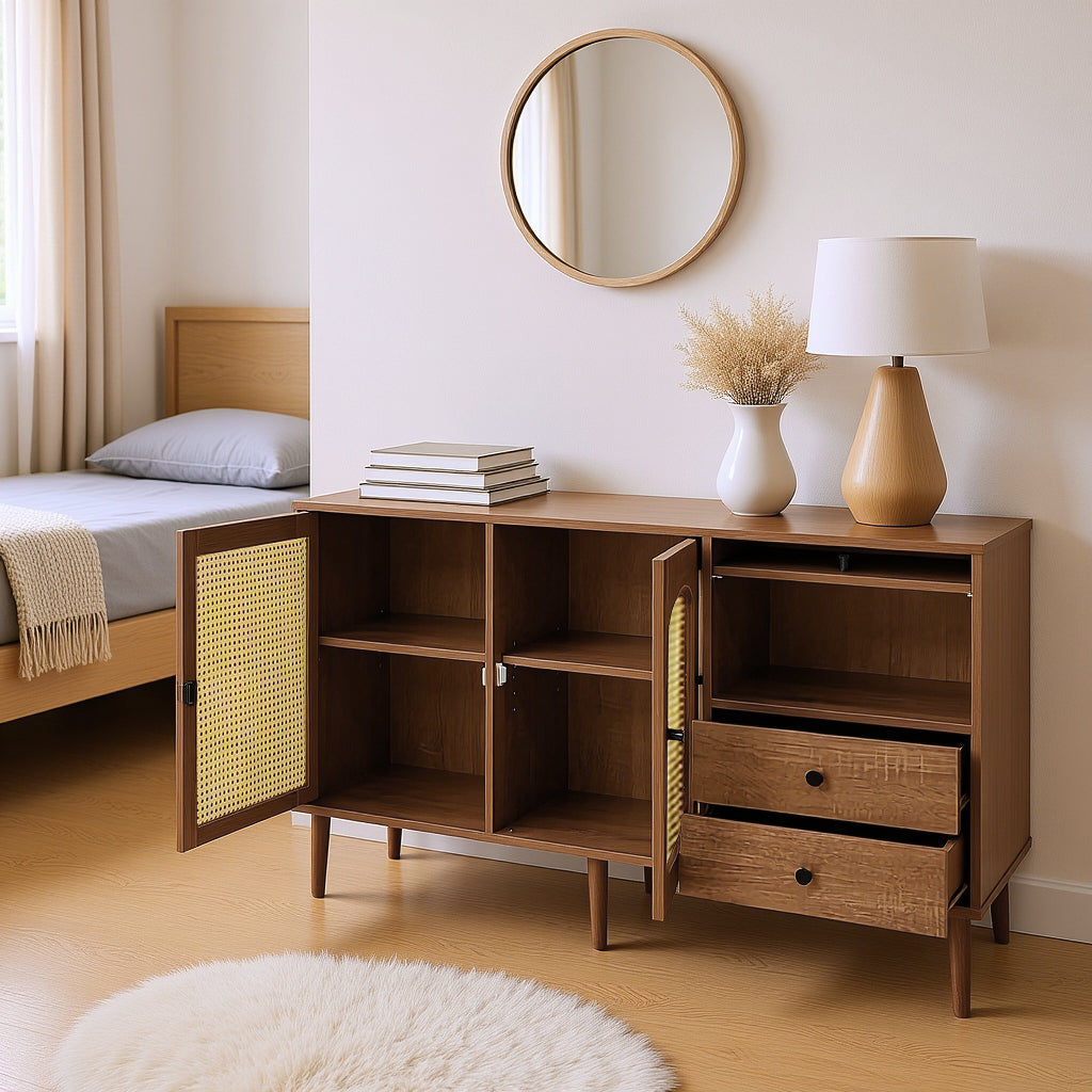 Buffet en bois style campagne avec portes en cannage, étagères réglables et tiroirs 130 × 75,5 × 40 cm