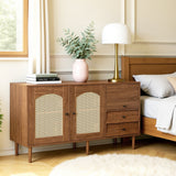 Buffet en bois style campagne avec portes en cannage, étagères réglables et tiroirs 130 × 75,5 × 40 cm