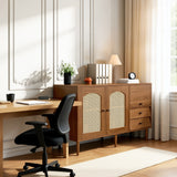 Buffet en bois style campagne avec portes en cannage, étagères réglables et tiroirs 130 × 75,5 × 40 cm