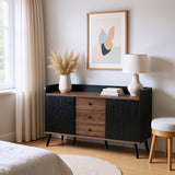 Modernes Sideboard in Schwarz und Holz mit 3 Schubladen und gerippten Schiebetüren