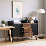 Modernes Sideboard in Schwarz und Holz mit 3 Schubladen und gerippten Schiebetüren