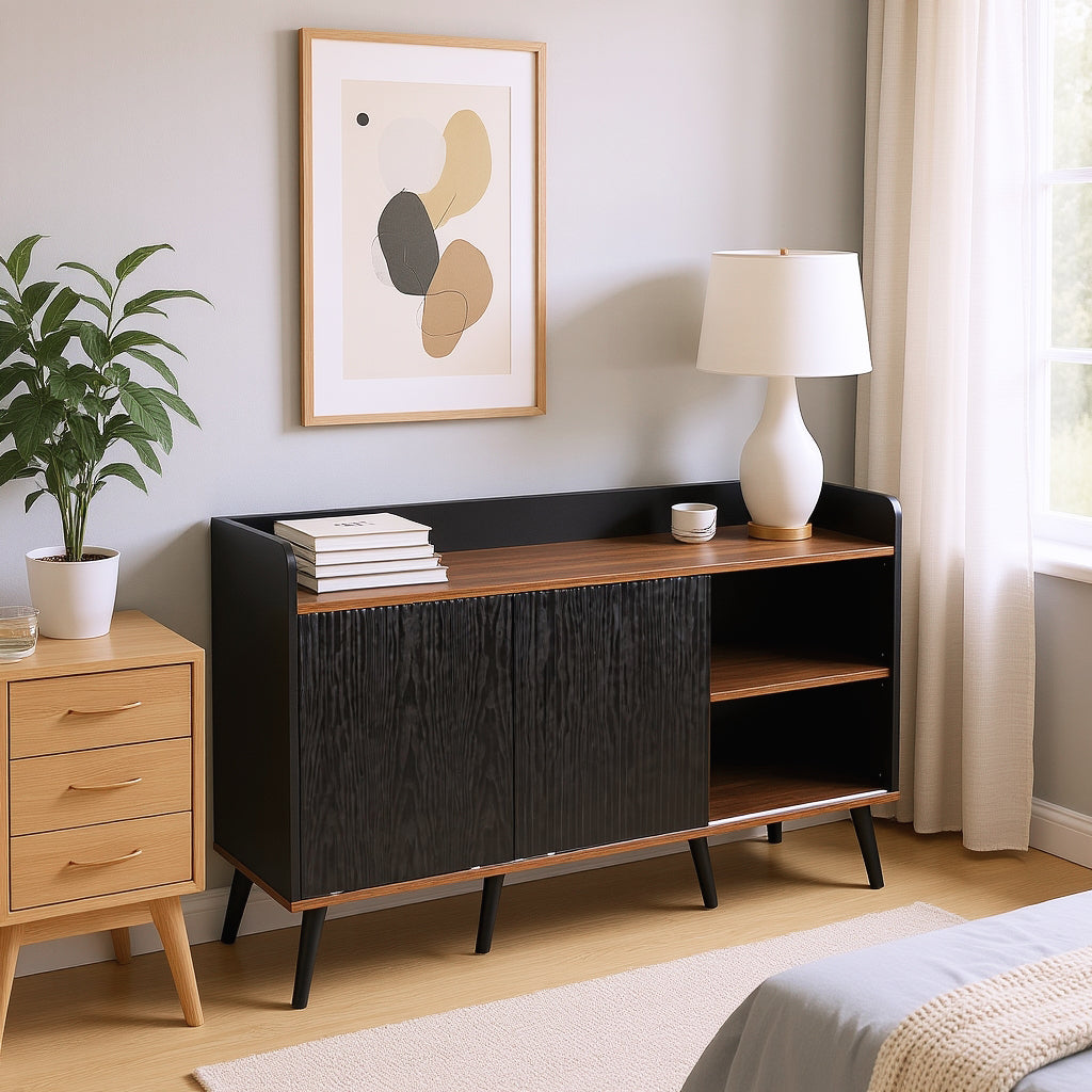 Modernes Sideboard in Schwarz und Holz mit 3 Schubladen und gerippten Schiebetüren