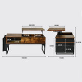 Table basse relevable style industriel avec rangement caché, plateau élévateur et pochette latérale, bois vintage et métal noir - ZOLA