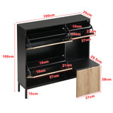 Meuble à chaussures avec banc intégré 100x25x100 cm en MDF noir et bois naturel, 3 abattants, étagères et assise escamotable, idéal pour entrée, couloir ou chambre