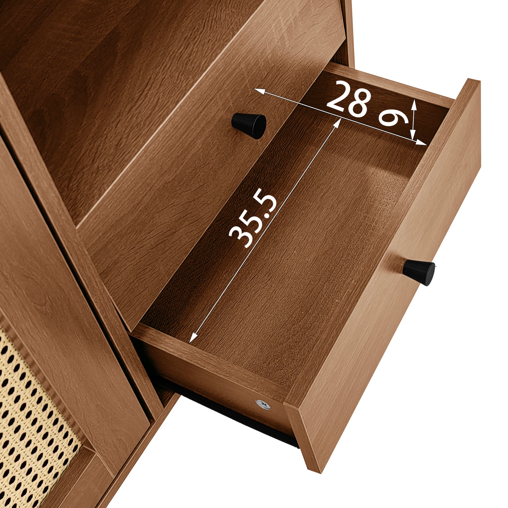Buffet en bois style campagne avec portes en cannage, étagères réglables et tiroirs 130 × 75,5 × 40 cm