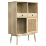 Hohes Sideboard aus Holz im modernen Stil mit Türen aus natürlichem Rattan, 2 Schubladen und 2 offenen Nischen – 80 x 39,5 x 120 cm