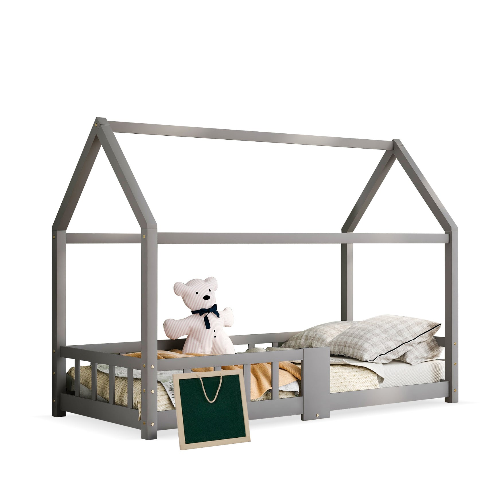 Cabin bed children 90x200 cm Gray in solid wood with blackboard, slatted base and safety barriers, without mattresses