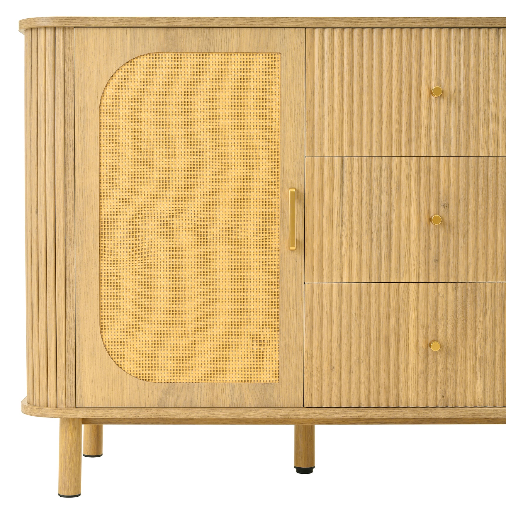 Sideboard Moderne à Rattan et Métal Meuble de Salon avec Schublades Onde 3D et Portes Halbovales Optique de Bois