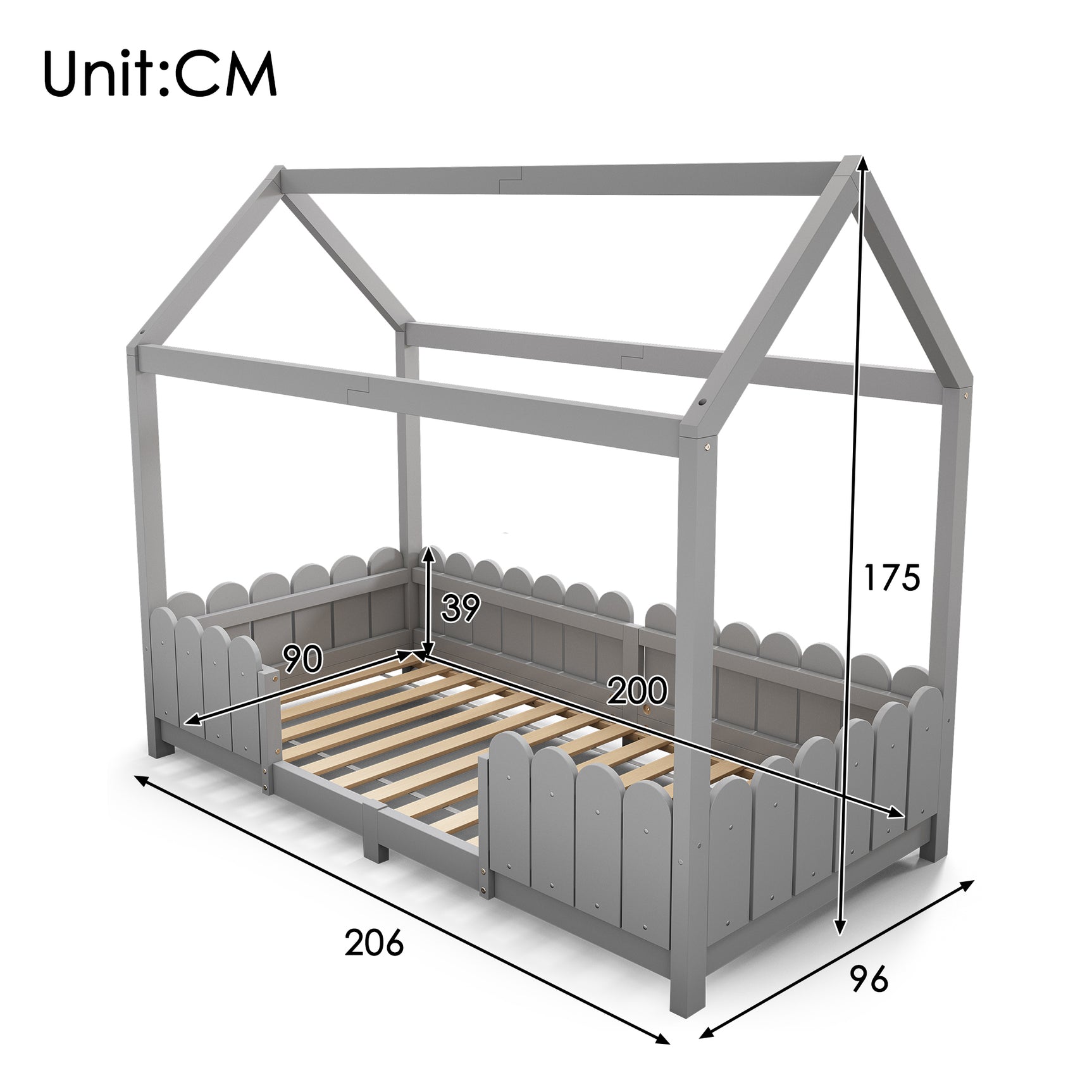 Lit cabane enfant 90x200 cm gris en bois massif avec barrières de sécurité et sommier à lattes (sans matelas)