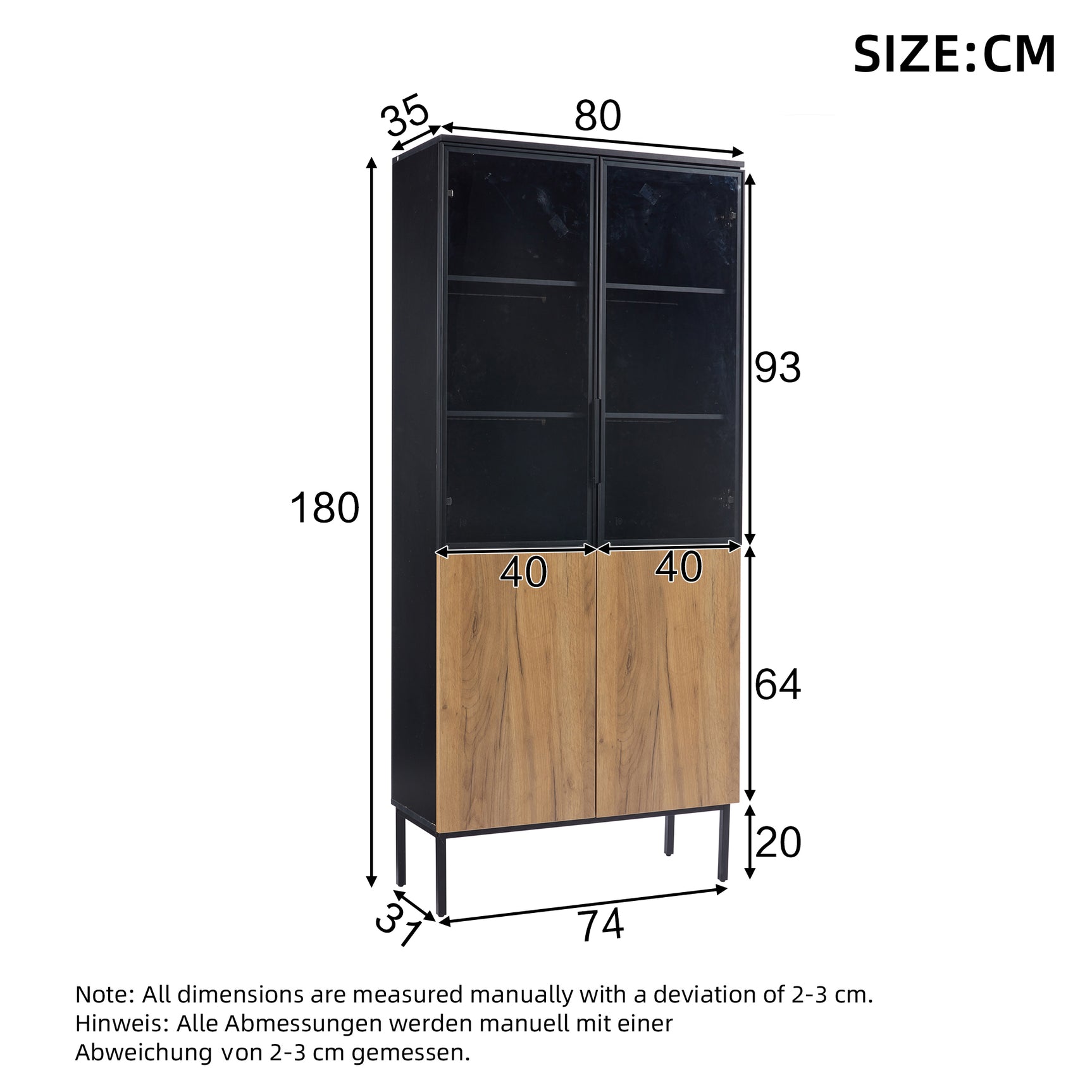 180 cm LED-Vitrine aus gehärtetem Glas in Schwarz/Eiche mit verstellbaren Einlegeböden