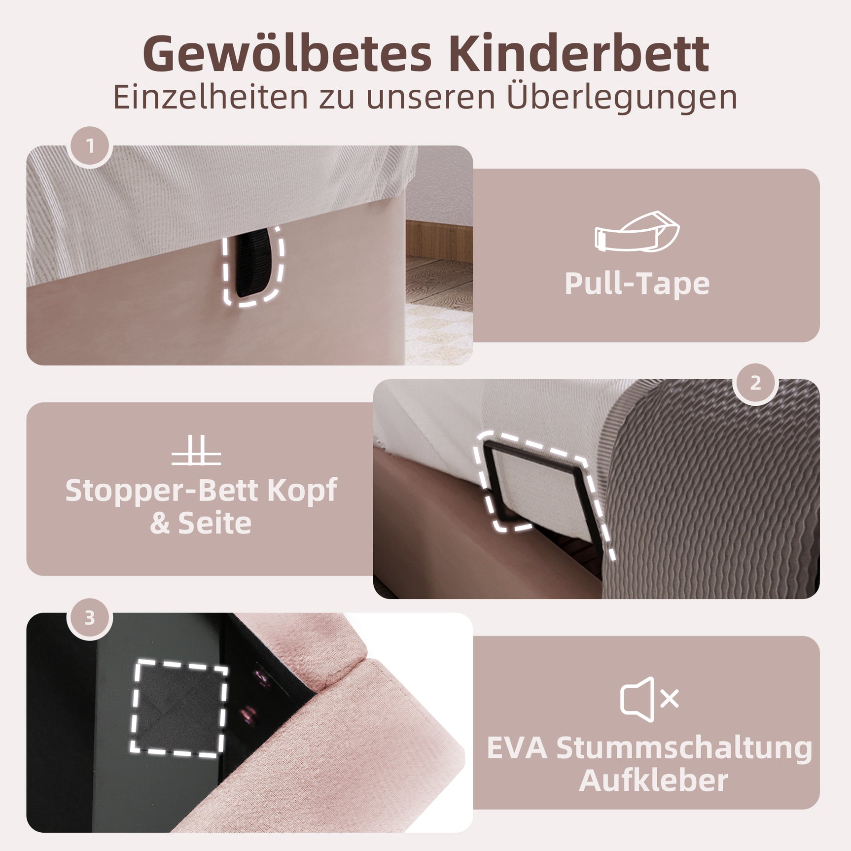 Verpacktes Kinderbett 90 × 200 cm (ohne Matratzen) in rosa Samt mit gewölktem Kopfteil