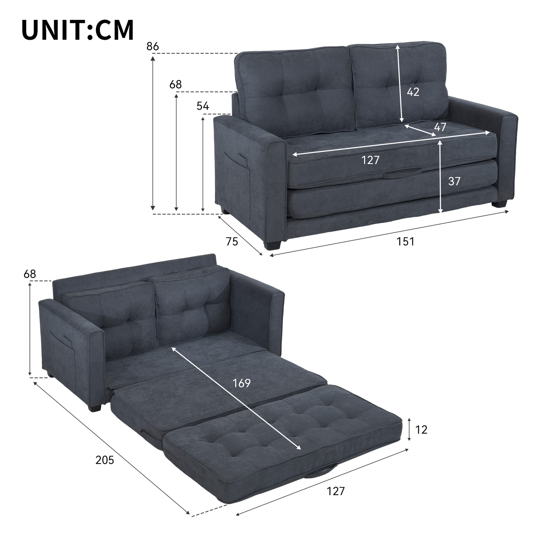 Canapé-lit 2 places en tissu gris foncé avec poches latérales, sofa convertible moderne