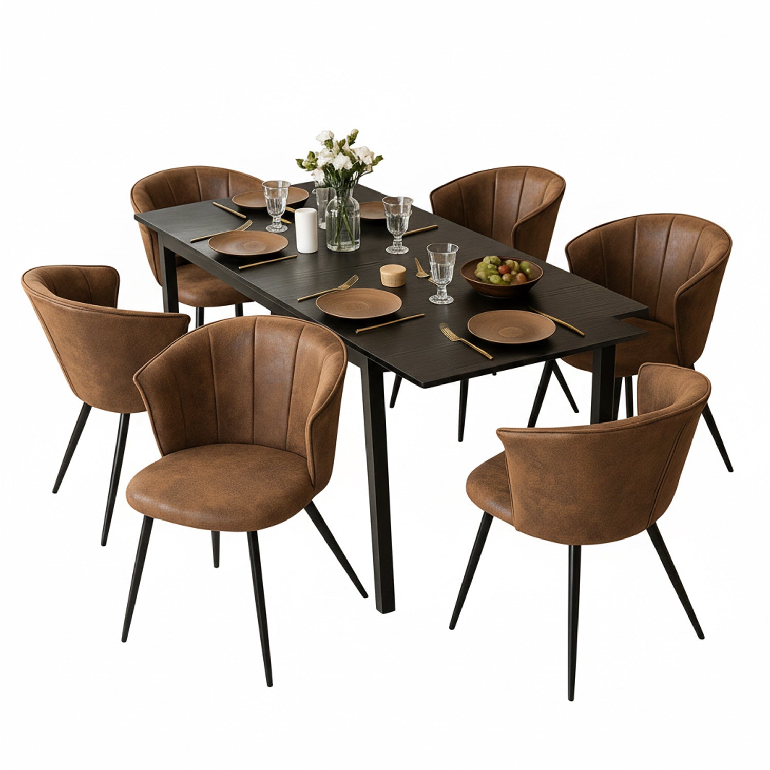 Ensemble table à manger extensible noire avec 6 fauteuils en suédine, style scandinave