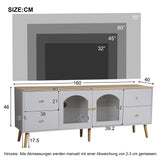Meuble TV avec 4 tiroirs et 2 portes vitrées en verre trempé, design moderne blanc et bois naturel