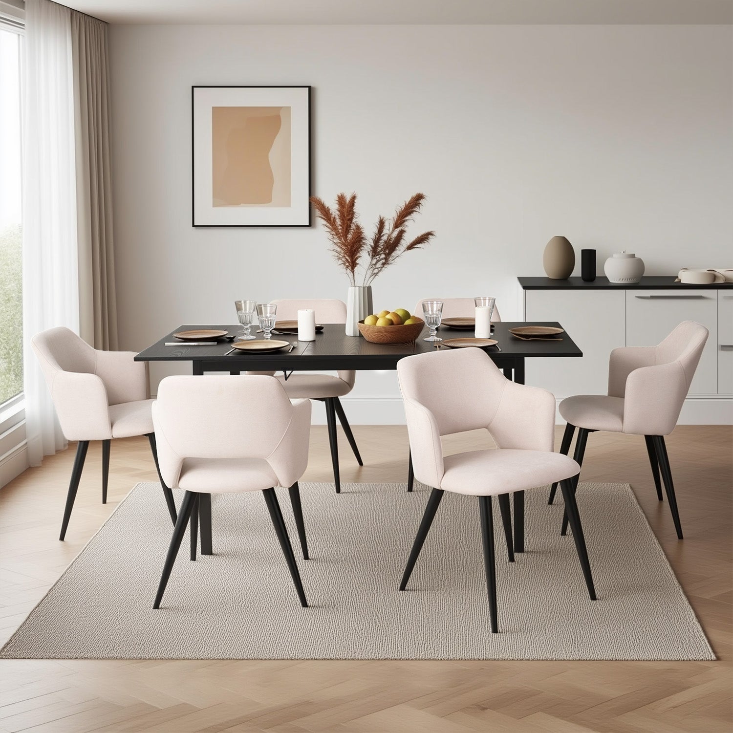 Ensemble table à manger extensible noire et 6 fauteuils en tissu beige de style scandinave