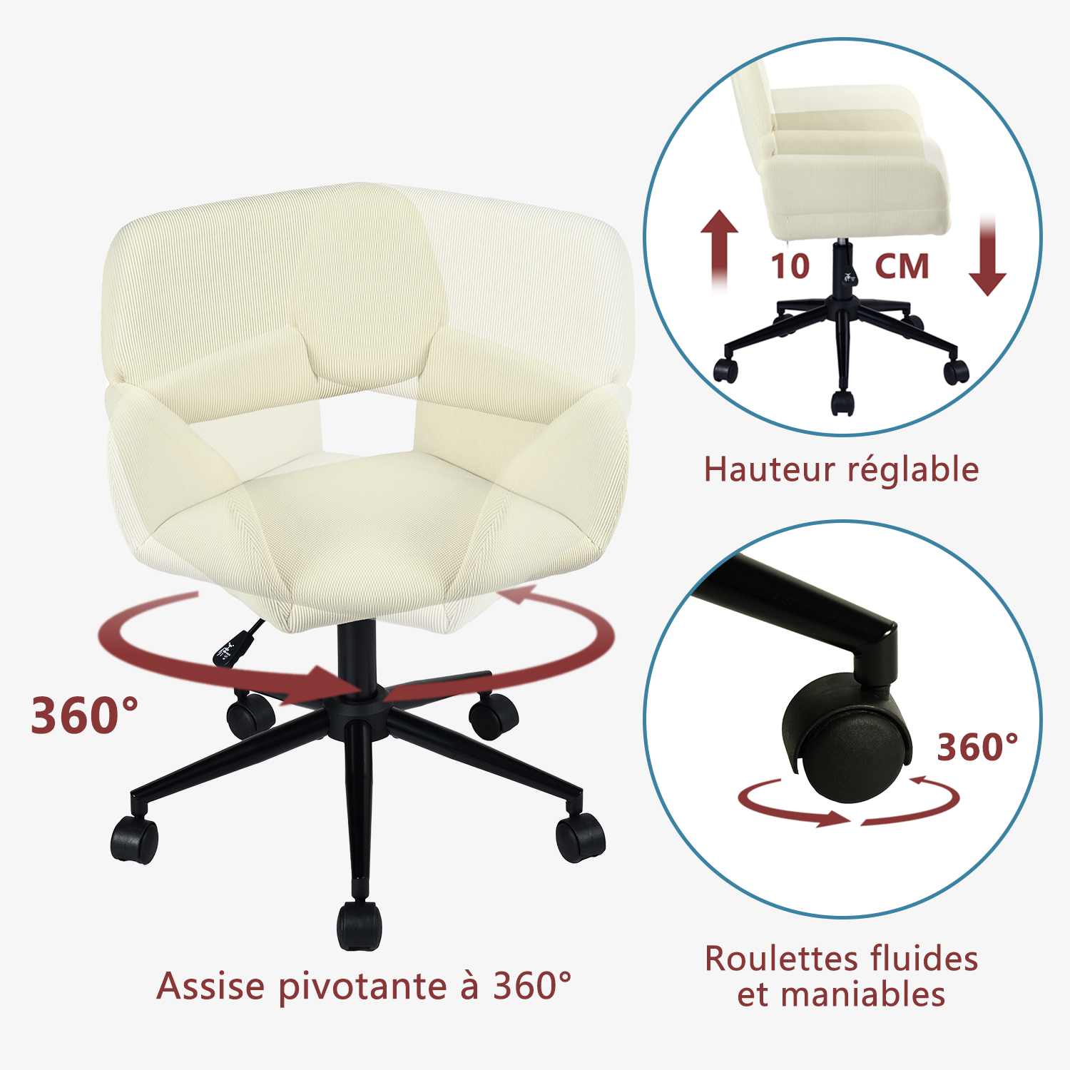 Ensemble avec table d’appoint noire pliable et fauteuil de bureau en velours côtelé beige âââââââ€?BASELINE & ROSS