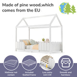 Lit cabane enfant 90x200 cm blanc en bois massif avec barrières de sécurité et sommier à lattes (sans matelas)
