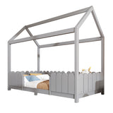 Lit cabane enfant 90x200 cm gris en bois massif avec barrières de sécurité et sommier à lattes (sans matelas)
