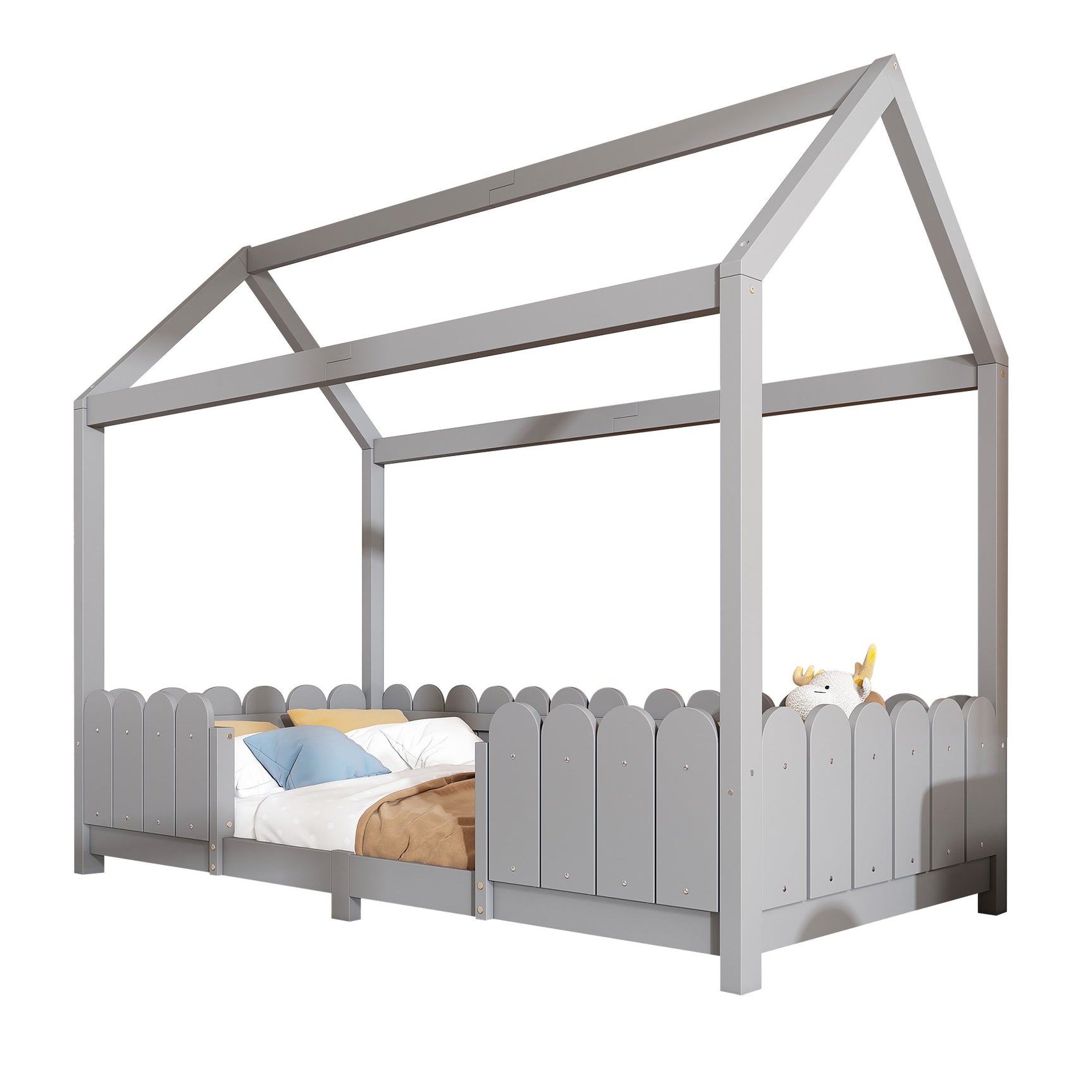 Lit cabane enfant 90x200 cm gris en bois massif avec barrières de sécurité et sommier à lattes (sans matelas)