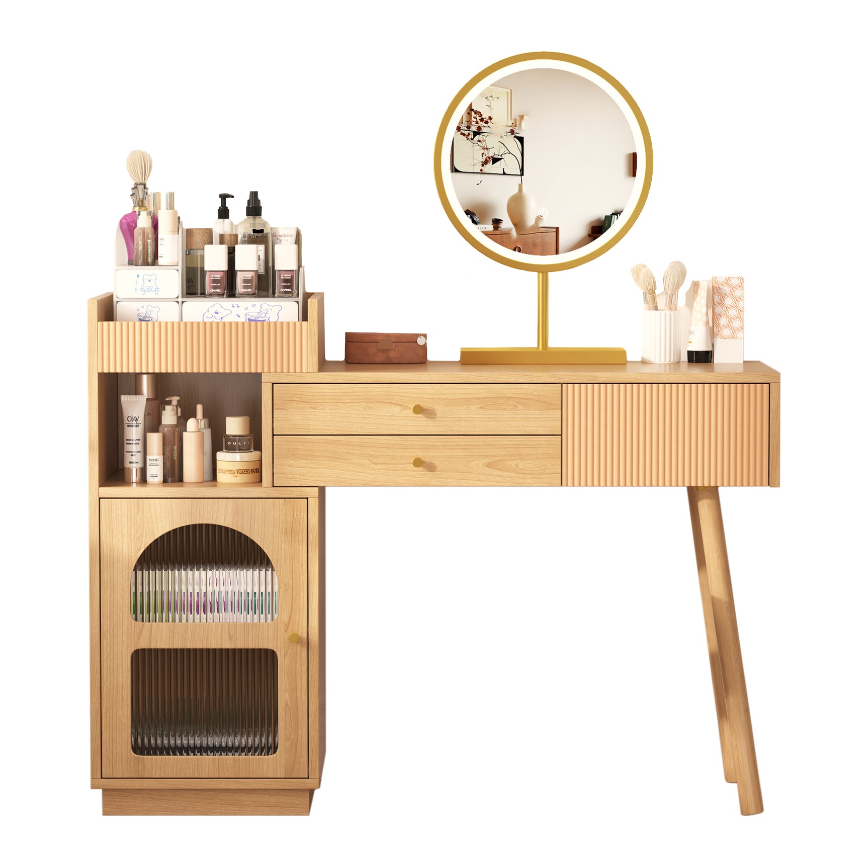 Coiffeuse moderne avec miroir LED à 3 lumières, grand espace de rangement et armoire latérale en verre, 120x40x90 cm