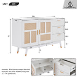 Buffet en rotin blanc décoratif avec 2 portes en rotin et 3 tiroirs, meuble de rangement multifonction élégant avec détails dorés, 160x40x87 cm