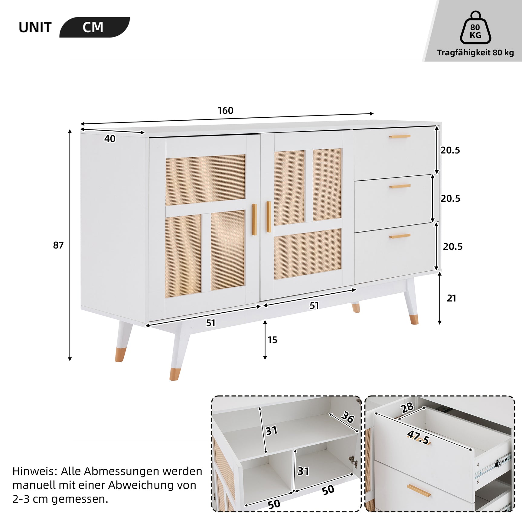 Buffet en rotin blanc décoratif avec 2 portes en rotin et 3 tiroirs, meuble de rangement multifonction élégant avec détails dorés, 160x40x87 cm