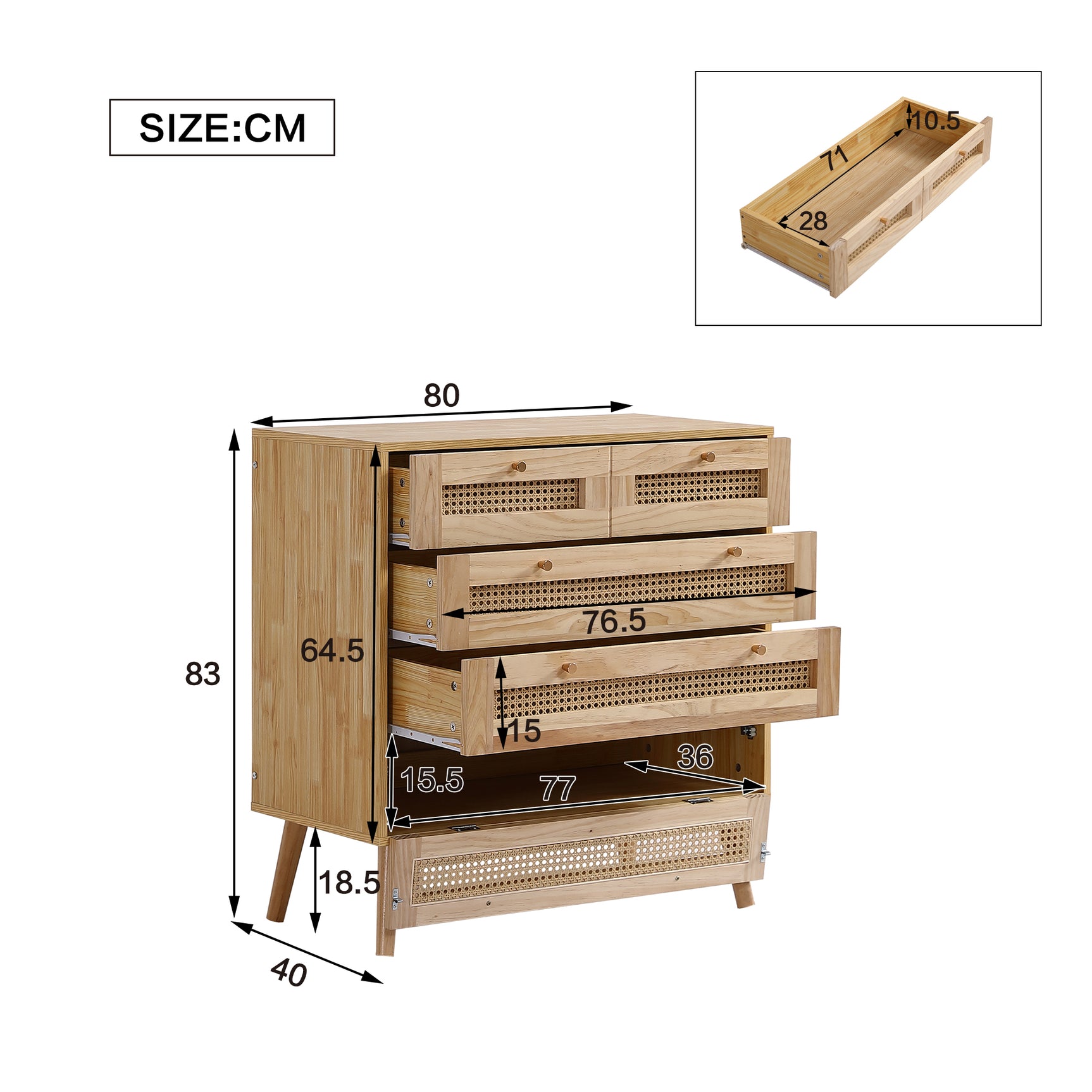 Commode classique à 3 tiroirs, avec dessus de tiroir en rotin, couvercle inférieur rabattable, poignée en métal doré et pieds en bois, offrant un espace de rangement pour le salon et la chambre