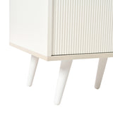 Modern white and wood buffet with 3 drawers and sliding doors with slats