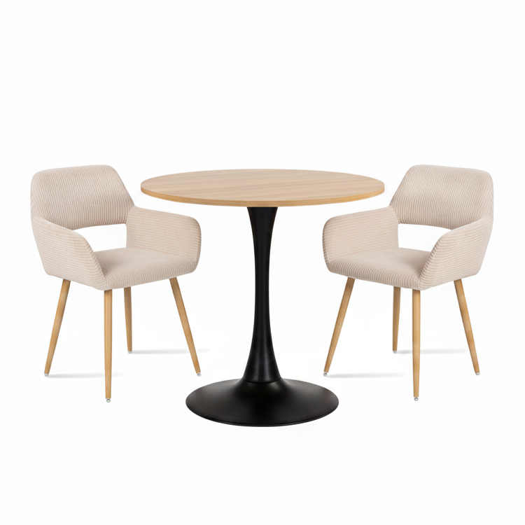 Round Table Table Table Table Timber Ø80 cm with 4 black velvet chairs, modern and comfortable style