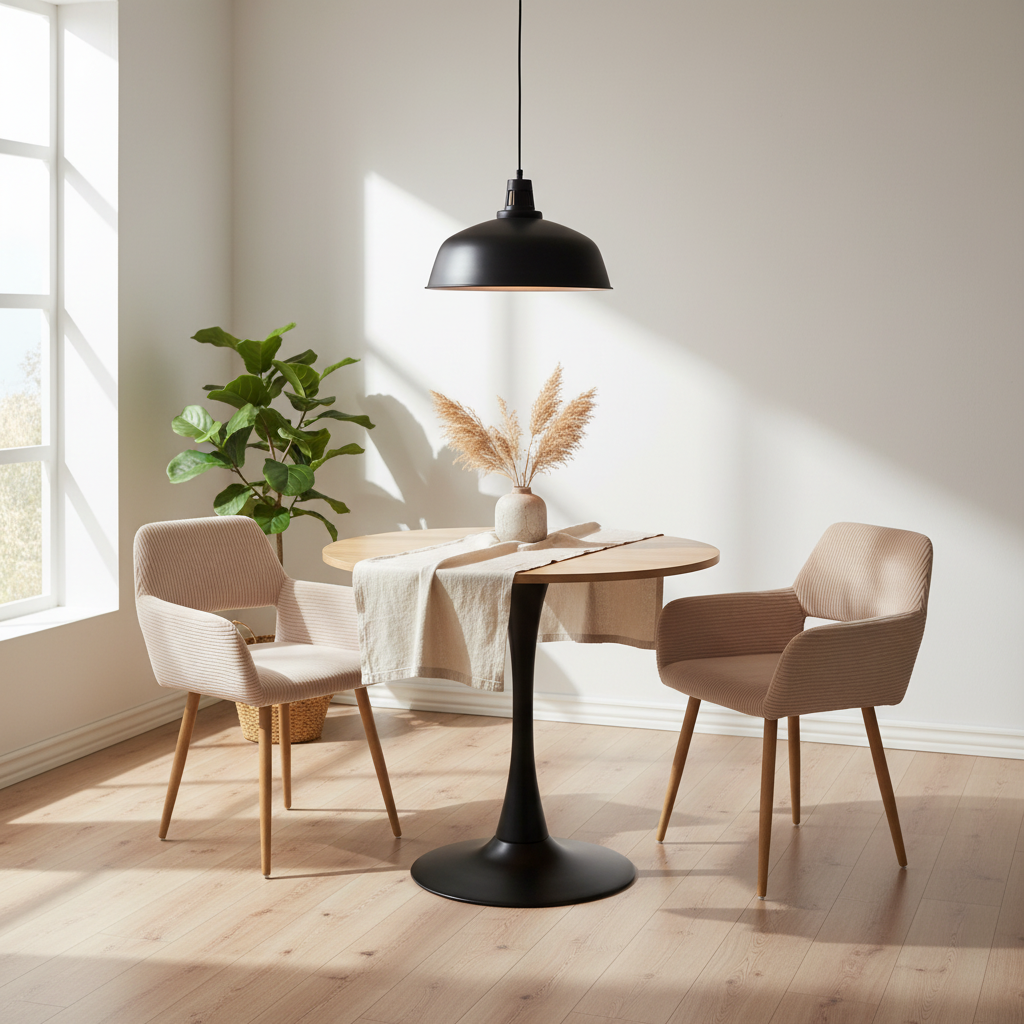 Round Table Table Table Table Timber Ø80 cm with 4 black velvet chairs, modern and comfortable style