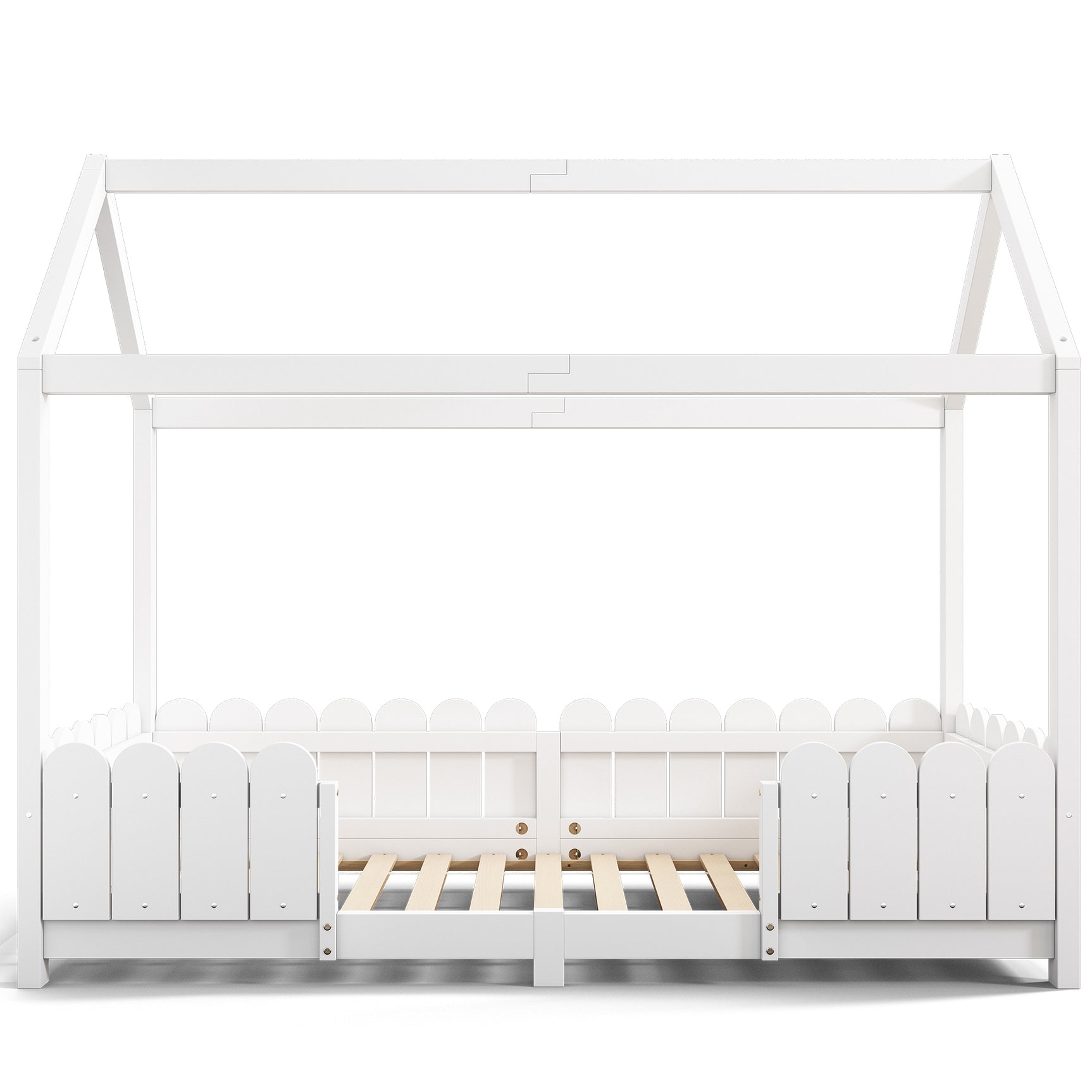 Lit cabane enfant 90x200 cm blanc en bois massif avec barrières de sécurité et sommier à lattes (sans matelas)