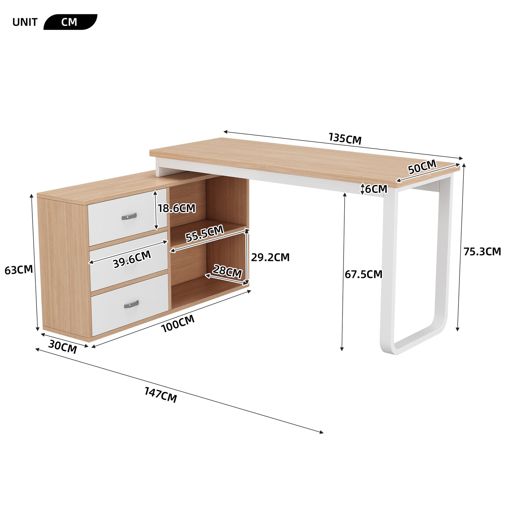 Bureau simple en bois naturel avec 3 tiroirs et 2 niches ouvertes, 147×100×75,3 cm