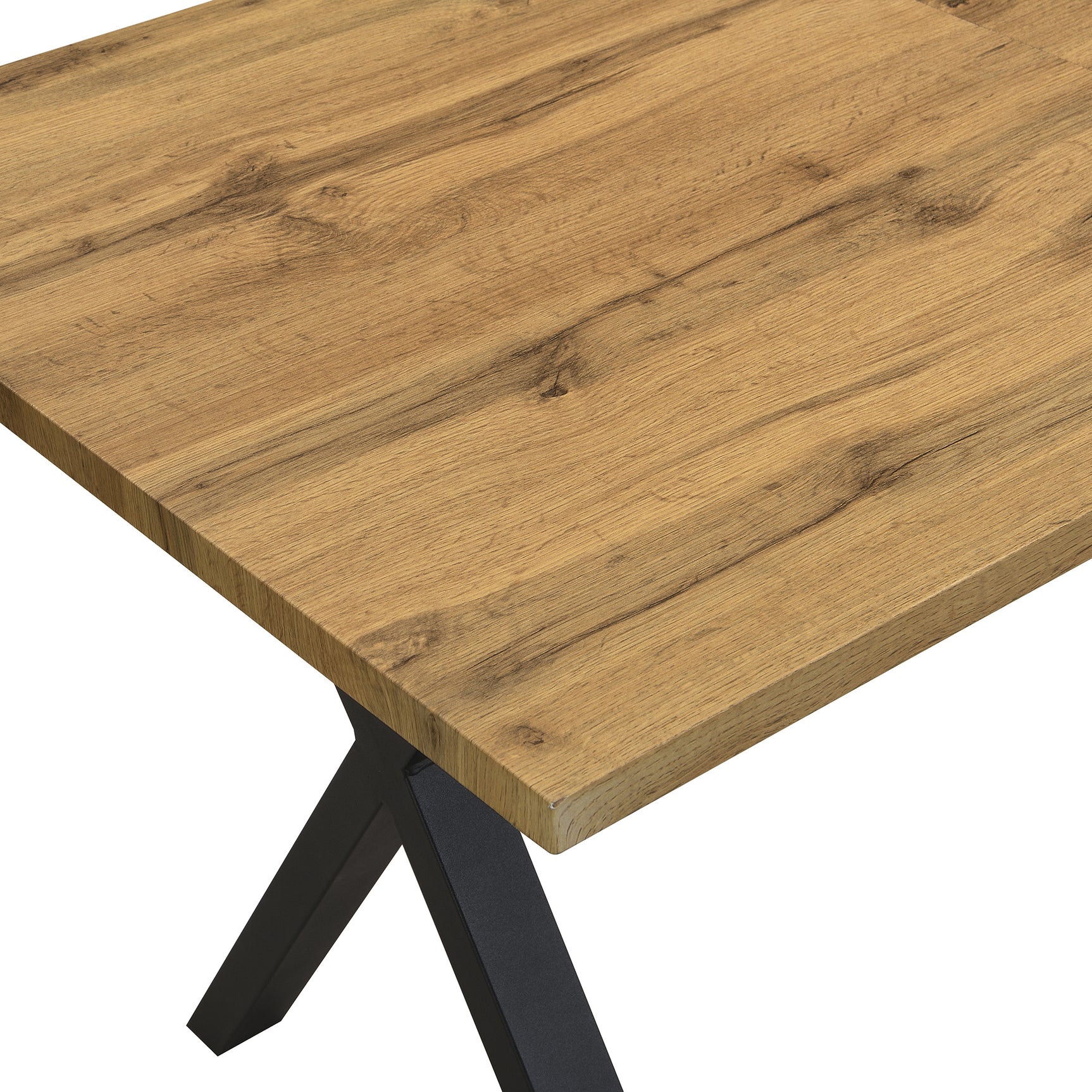 Moderner industrieller Esstisch 140x80 cm aus Holz in Eichenoptik mit gekreuzten Beinen aus schwarzem Metall
