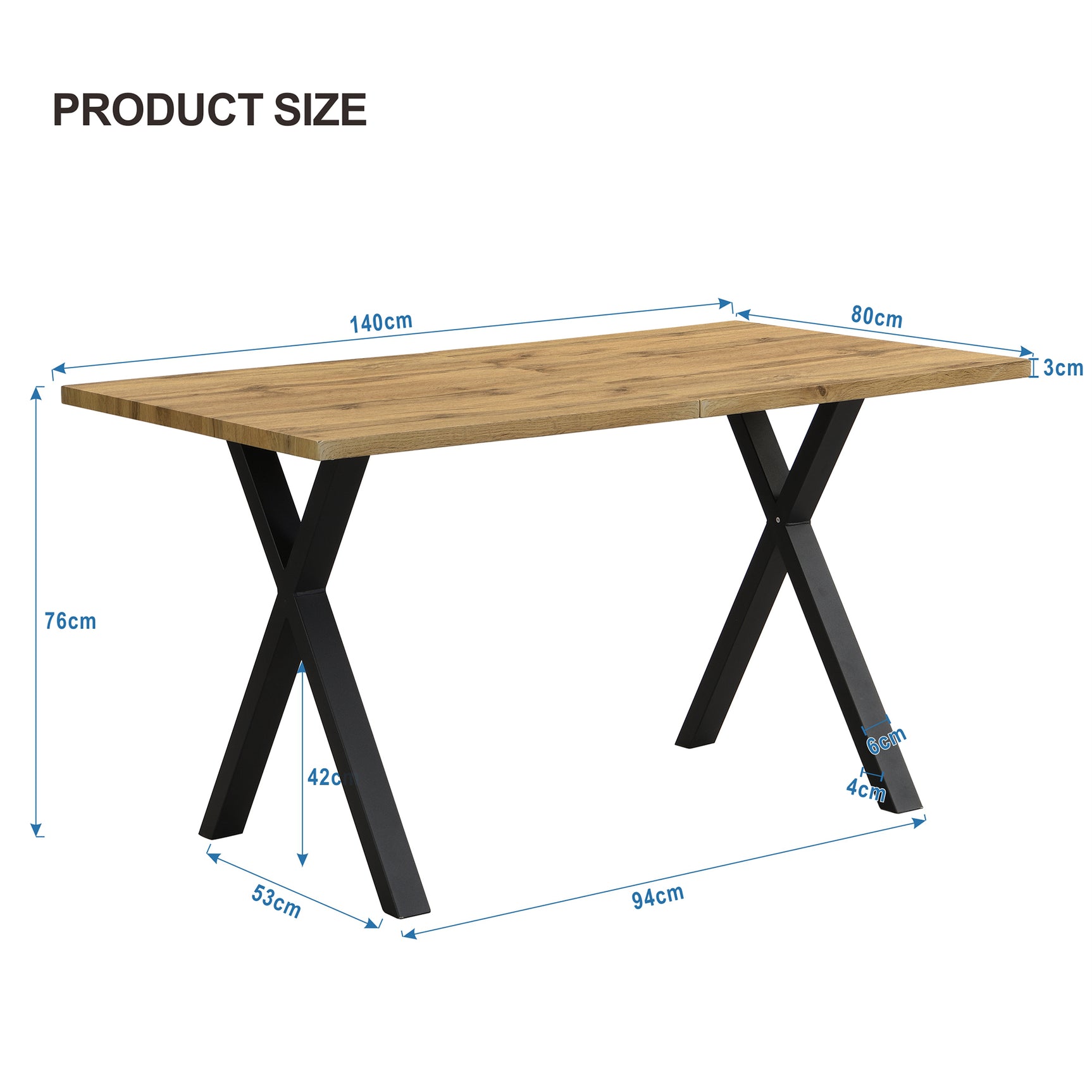 Moderner industrieller Esstisch 140x80 cm aus Holz in Eichenoptik mit gekreuzten Beinen aus schwarzem Metall